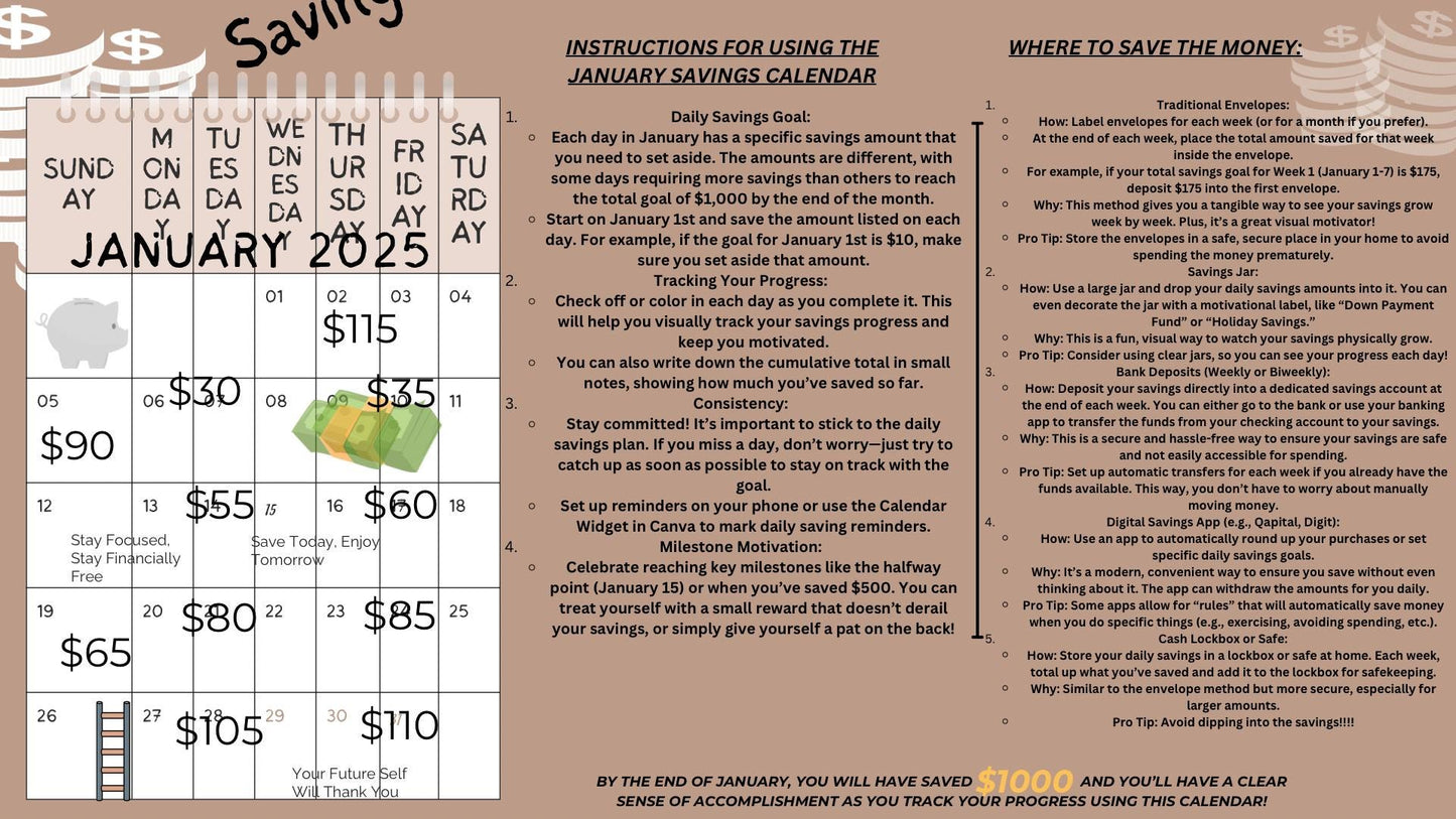 2025 January Savings Challenge Calendar | 1,000 Goal | 30-Day Savings Plan | Printable Financial Tracker