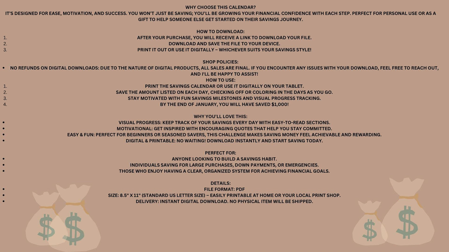 2025 January Savings Challenge Calendar | 1,000 Goal | 30-Day Savings Plan | Printable Financial Tracker