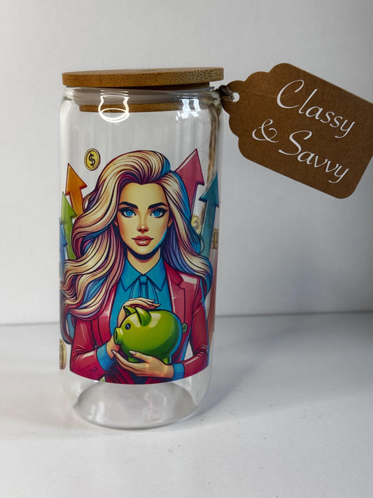 Classy & Savvy Savings Jar - 16oz Glass Jar with Bamboo Lid + 3 Bonus Savings Challenges - Stylish Way to Save