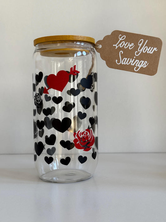 Love Your Savings Jar - 16oz Glass Jar with Bamboo Lid - Romantic & Stylish Heart Design for Fun Financial Goals
