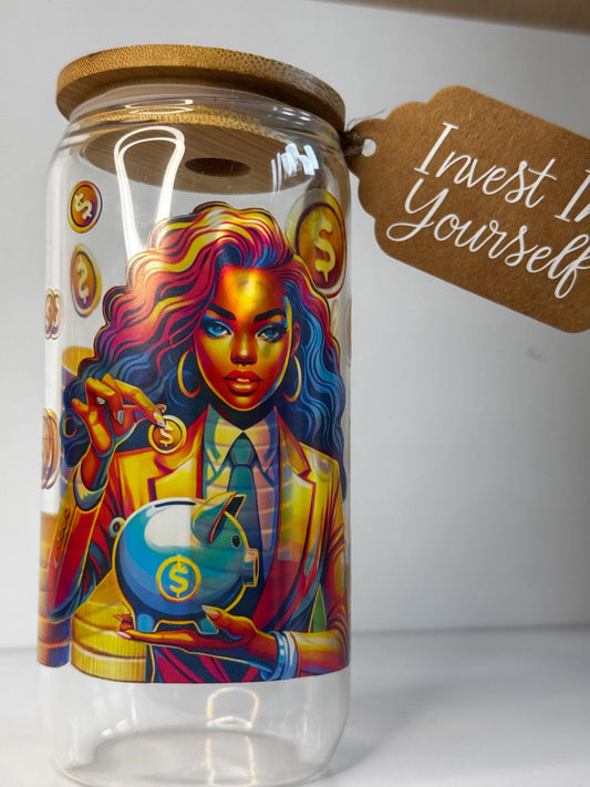 Invest in Yourself Savings Jar - Fun 16oz Jar with Bamboo Lid + 3 Bonus Savings Challenges - Unique Gift for Savers