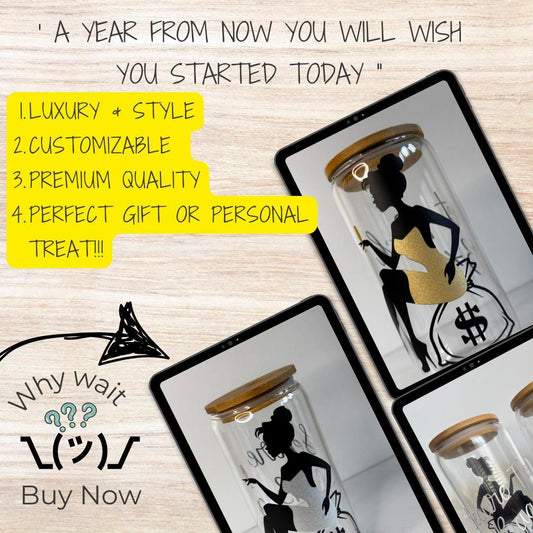 16oz Glass Savings Jars with Bamboo Lid – Secure Silver Silhouette l Get Rich Gold Silhouette! Includes 3 Bonus Challenges & Stylish Design!