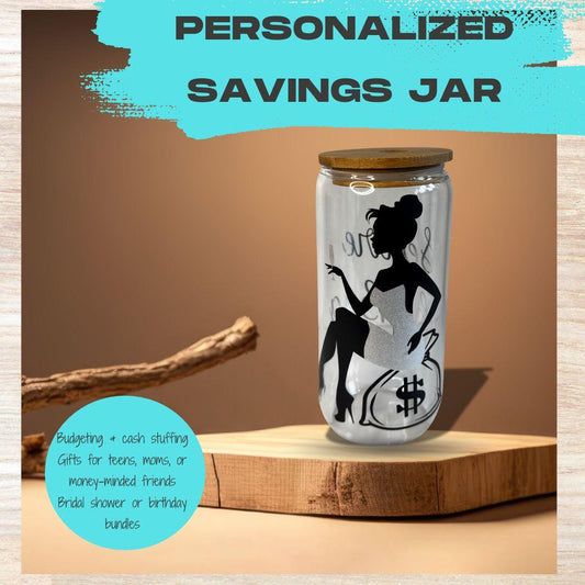 Personalized Savings Jar for Women – 16oz Glass Money Jar with Bamboo Lid | Fun Budgeting Jar for Cash Stuffing, Gifts, or Desk Décor