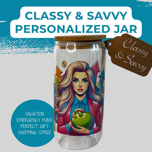 Classy & Savvy Savings Jar - 16oz Glass Jar with Bamboo Lid + 3 Bonus Savings Challenges- Bulk Gift Idea for Women, Bridal, Birthdays